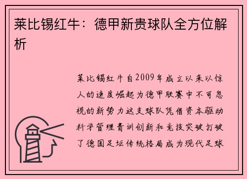 莱比锡红牛：德甲新贵球队全方位解析