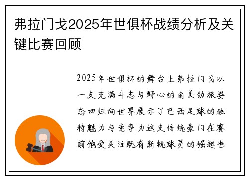 弗拉门戈2025年世俱杯战绩分析及关键比赛回顾