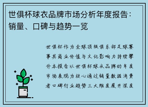 世俱杯球衣品牌市场分析年度报告:销量、口碑与趋势一览