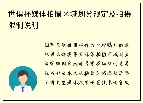 世俱杯媒体拍摄区域划分规定及拍摄限制说明
